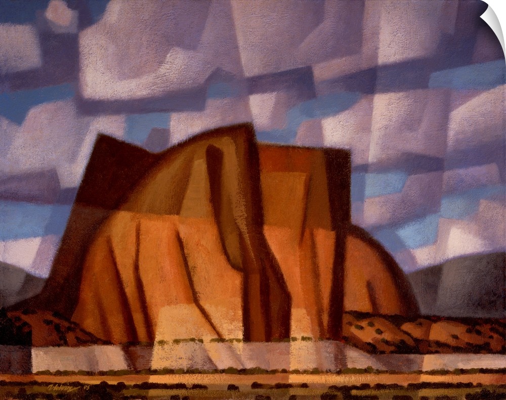 Contemporary painting of Citadel Butte, an American Southwest desert scene in a cubist style with large billowing pink and...