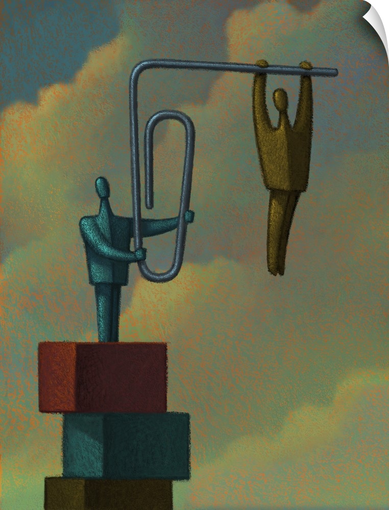 Conceptual painting of a figure strung out on the end of a bent paper clip.