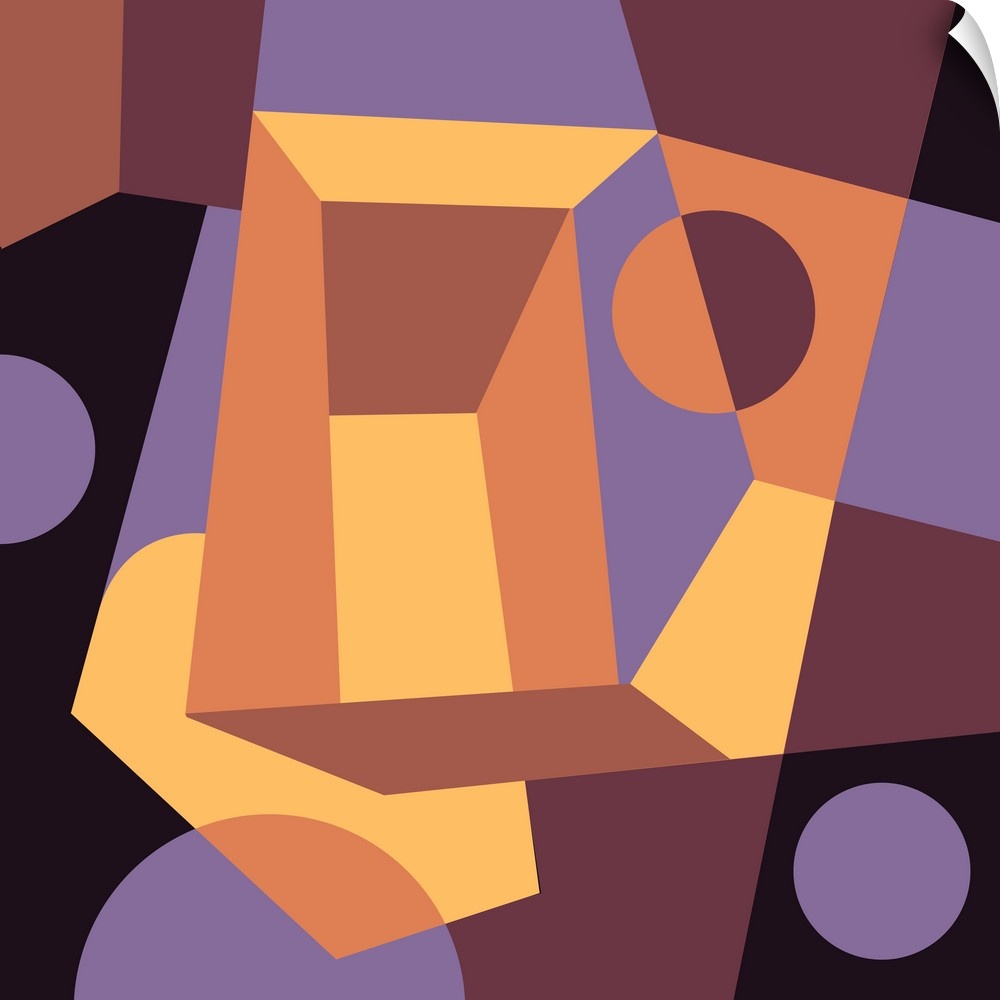 Geometric abstract design in orange, yellow, violet, and brown.
