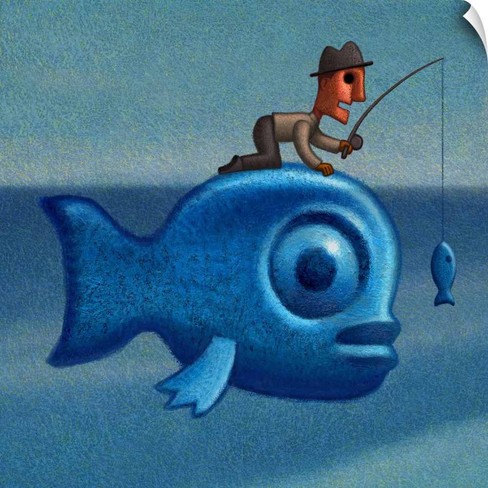 Digital painting of a man on a giant fish with big plans. Be careful what you wish for.