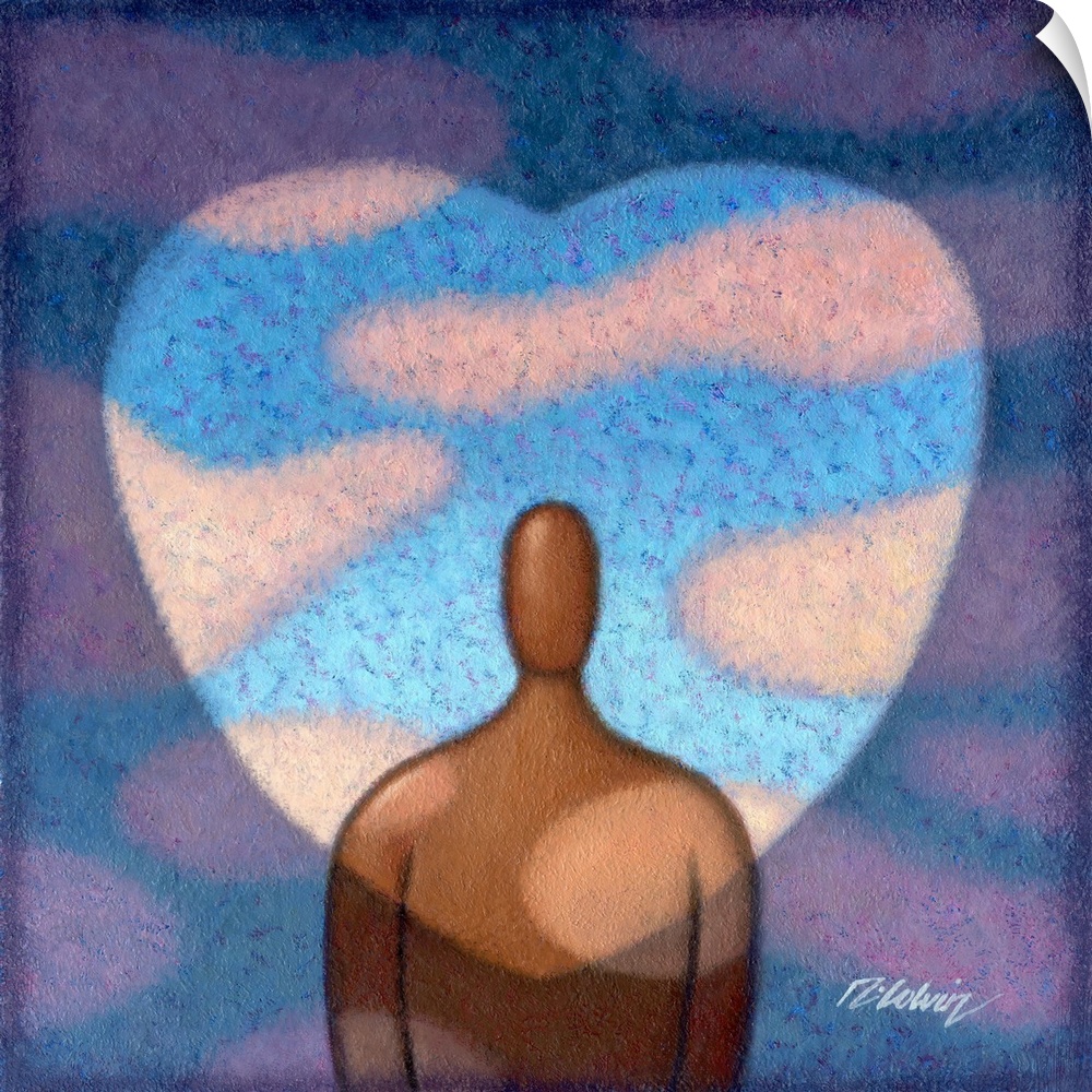 Contemporary painting of a human figure surrounded by a heart shaped blue sky.