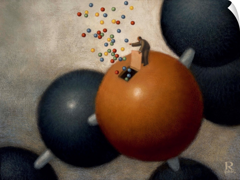 Conceptual painting of a small man opening a door on a molecule letting out more particles.