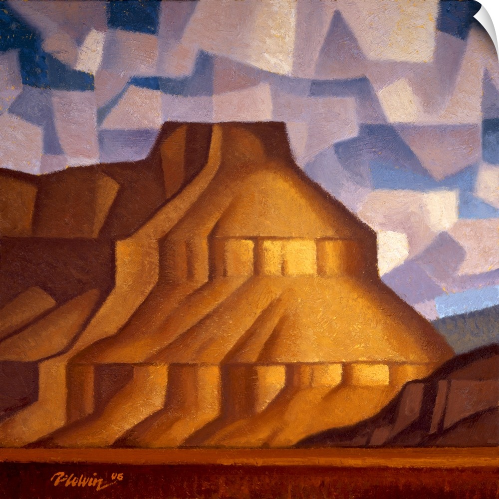 Contemporary painting of Pinnacle Bench Mesa, an American Southwest desert scene in a cubist style with large billowing pi...