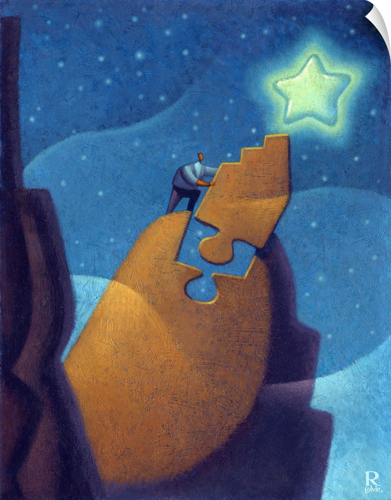 Conceptual painting of a man climbing a mountain with the final puzzle piece put in place to reach a star.
