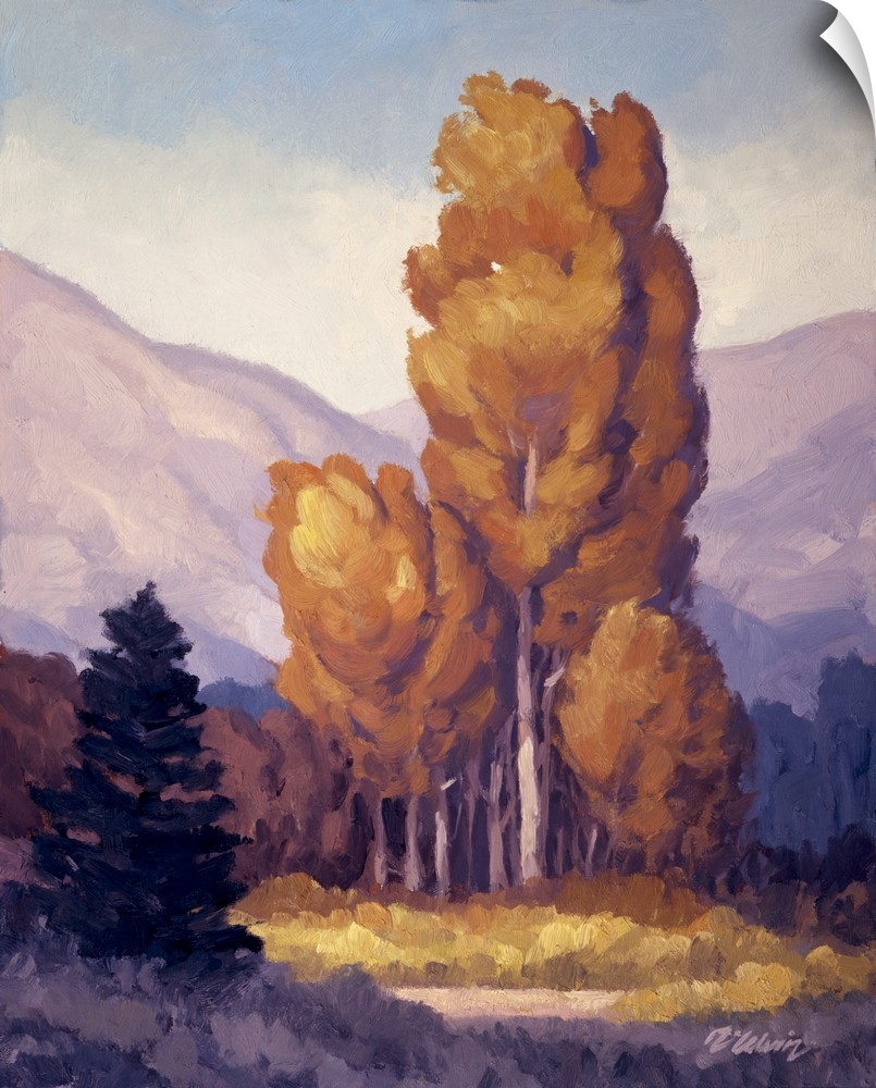 Landscape painting of trees and mountains with purple tones.