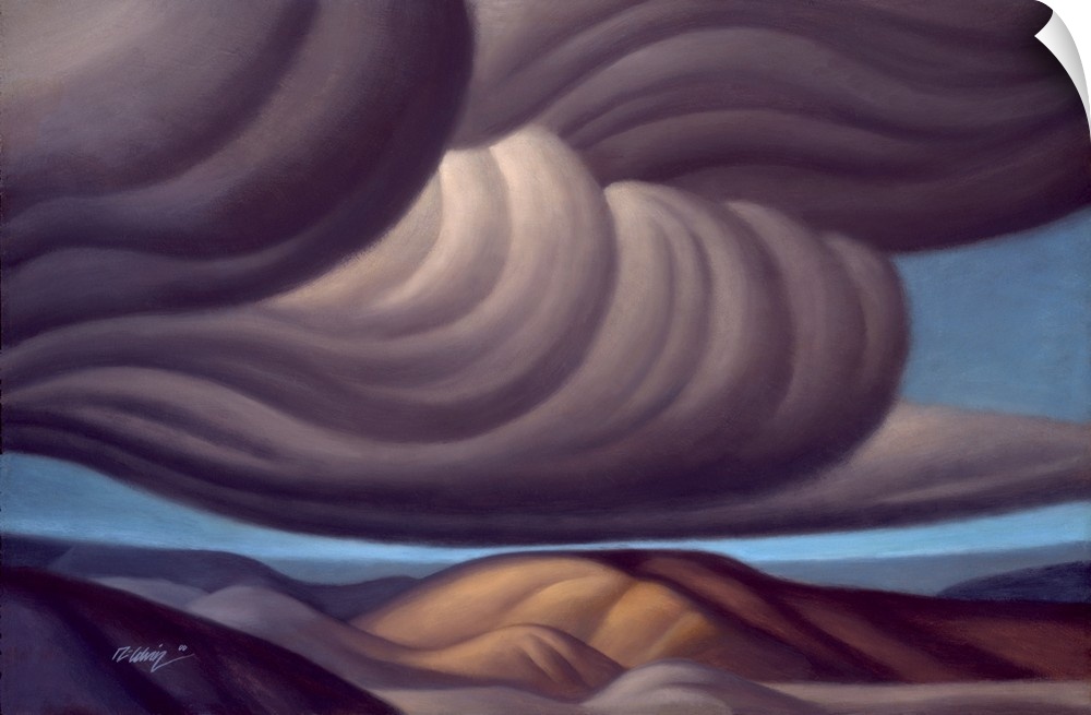 Landscape painting of rolling clouds over a desert landscape.