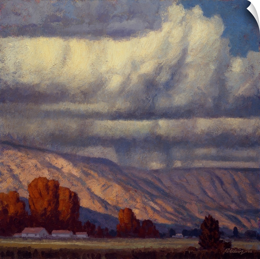 Landscape painting of a mountain valley with the rain clouds of September.