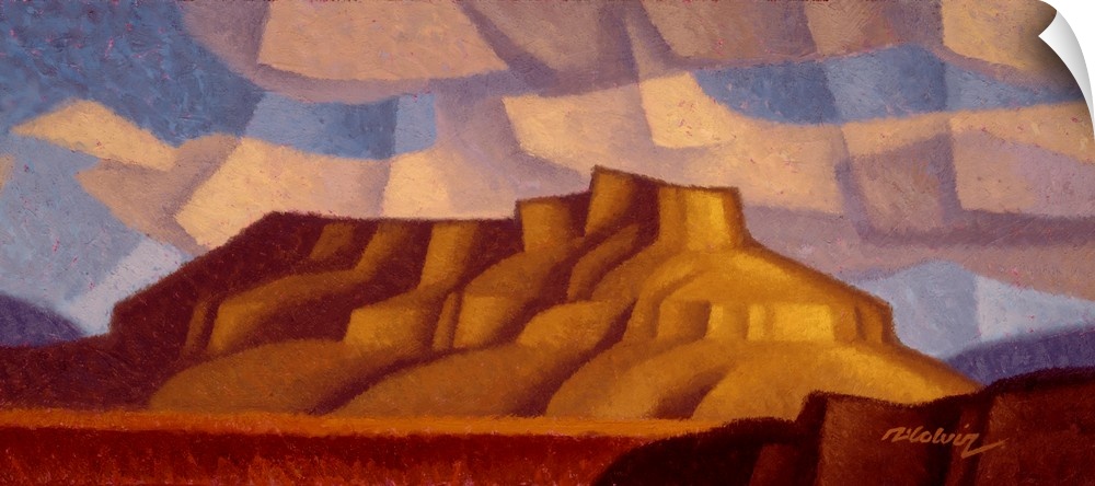 Painting of Undo Butte, an American Southwest desert scene in a cubist style with large billowing pink clouds.