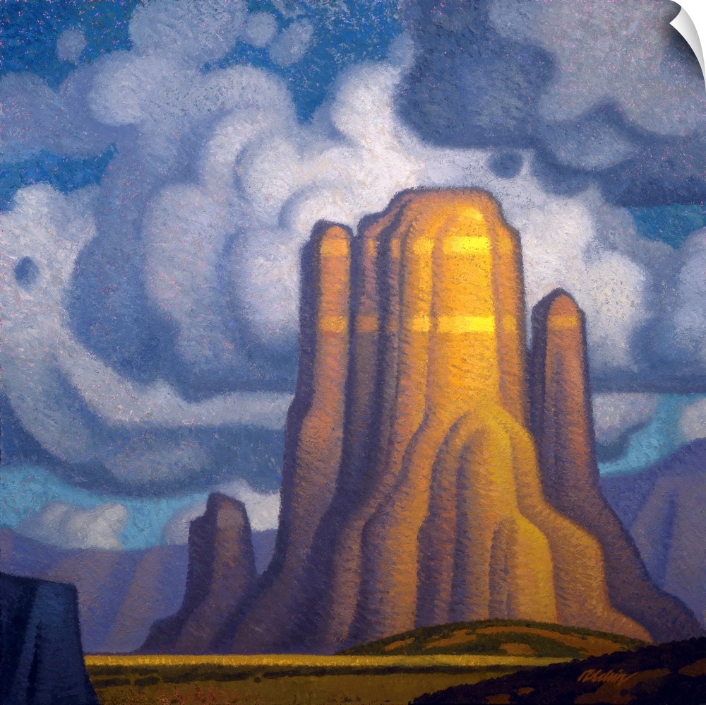 Landscape painting of red rock with looming clouds.