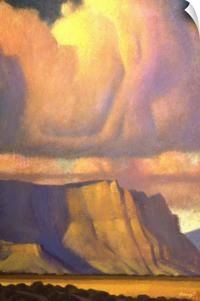 Landscape painting of the Vermilion Cliffs of Northern Arizona with sunset colored clouds.