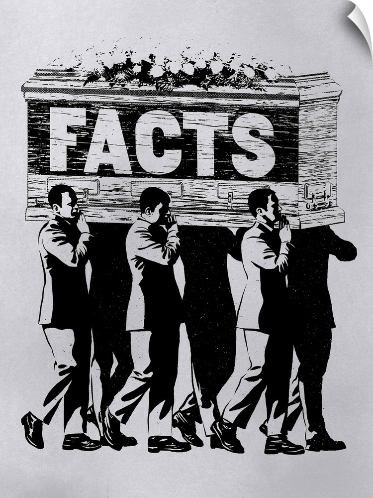 Pall bearers carrying a casket with the word "FACTS" written on the side.