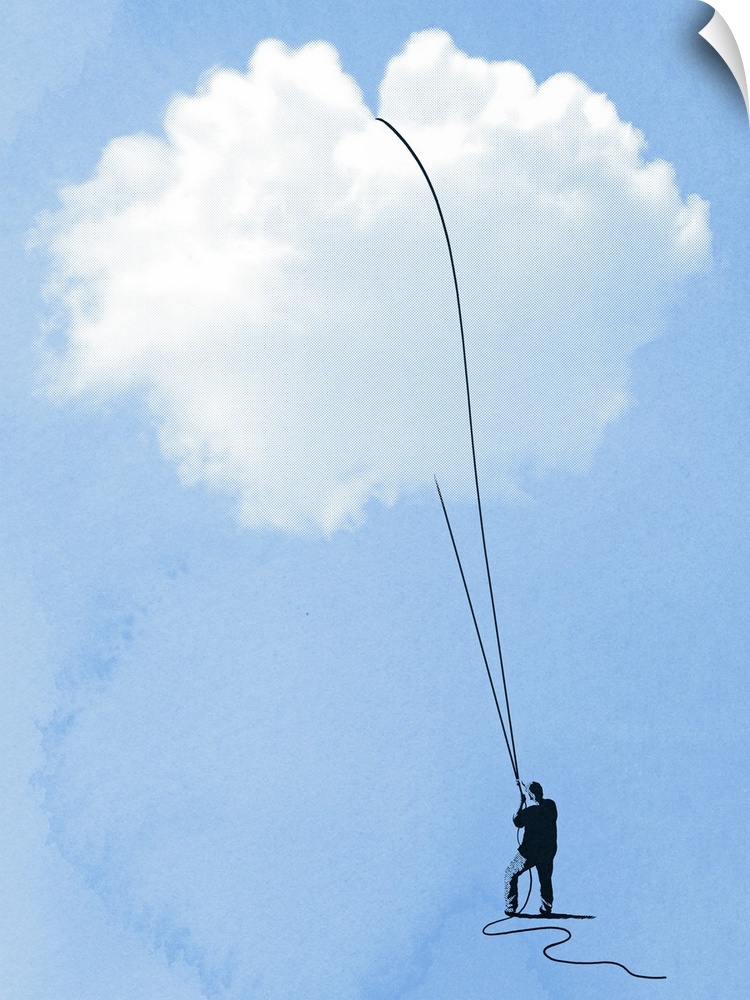Tall canvas of the silhouette of a man pulling on a rope that he has wrapped around a cloud.