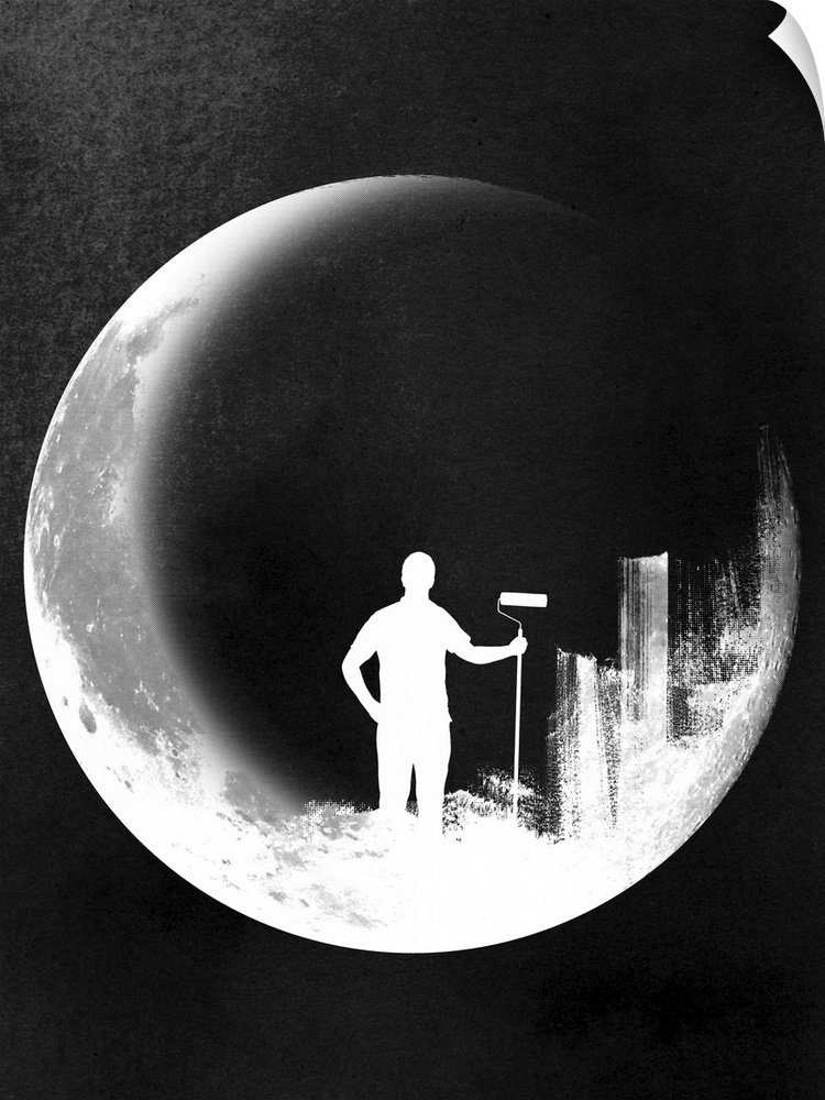 Contemporary silhouetted image of man inside of the moon with a paintbrush.