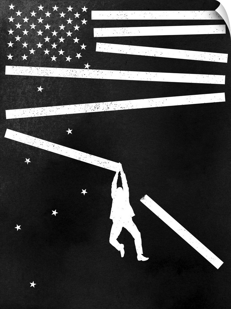 Silhouette of a figure hanging from the bars of an American flag falling apart.