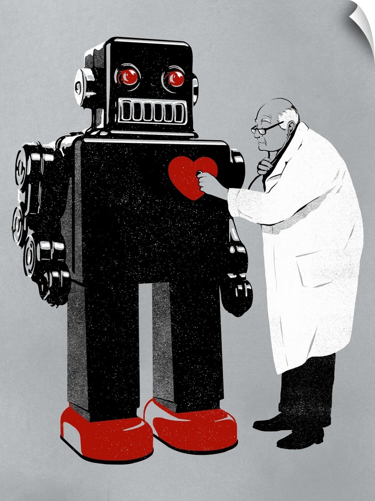 An elderly doctor listening with his stethoscope to the red hear of a vintage style robot.