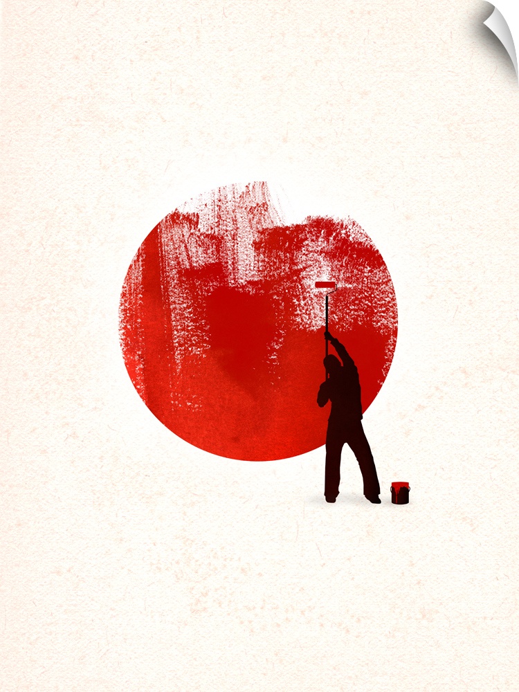 Vertical, oversized art of the silhouette of a person painting a large red circle in the center of an off-white background...