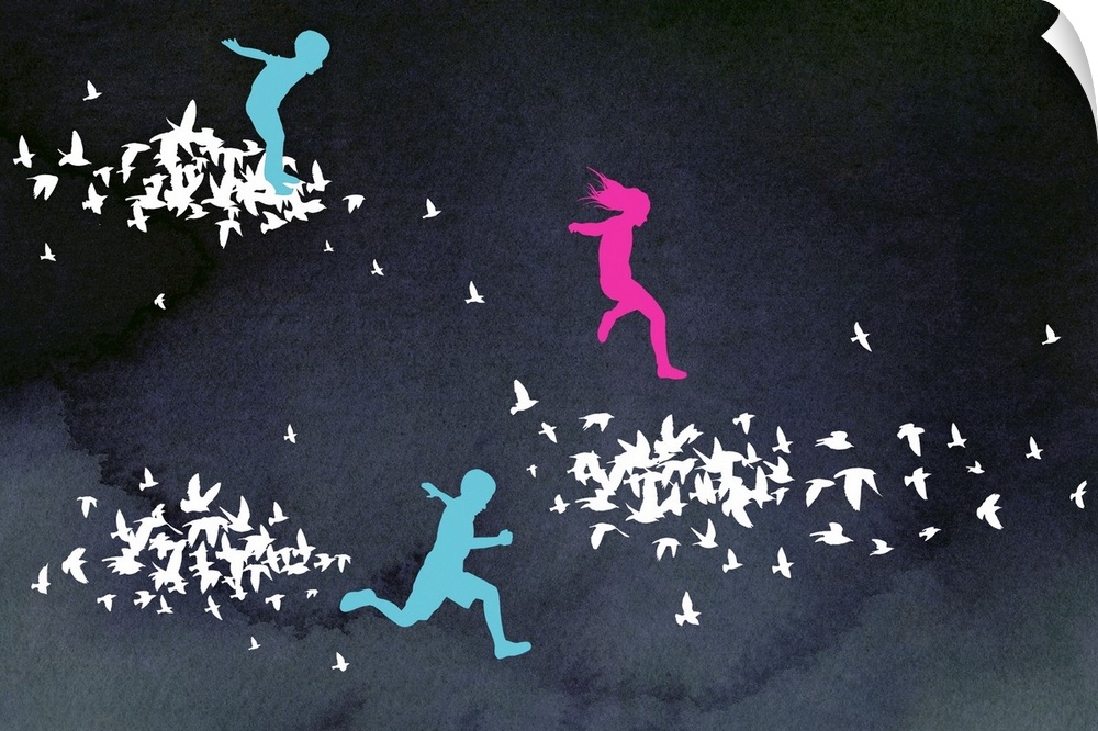 Contemporary art showing children running and leaping through clouds of birds cut outs with a dark watercolor background.