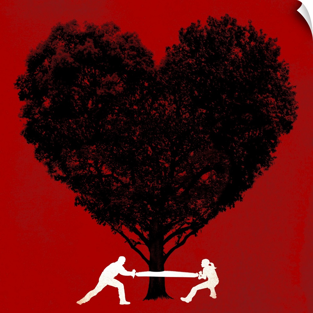 Big contemporary art illustrates a man and a woman working together to cut down a tree that is shaped like a heart against...