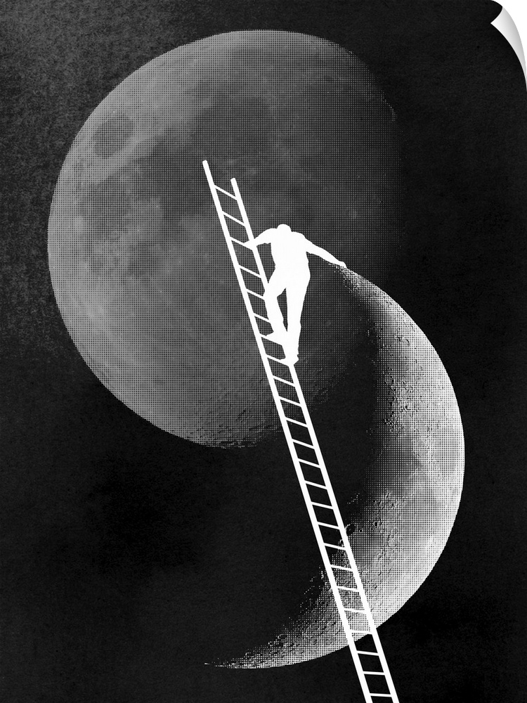 Huge monochromatic illustration depicts a man with a very large ladder extending towards the moon.  Within the illustratio...