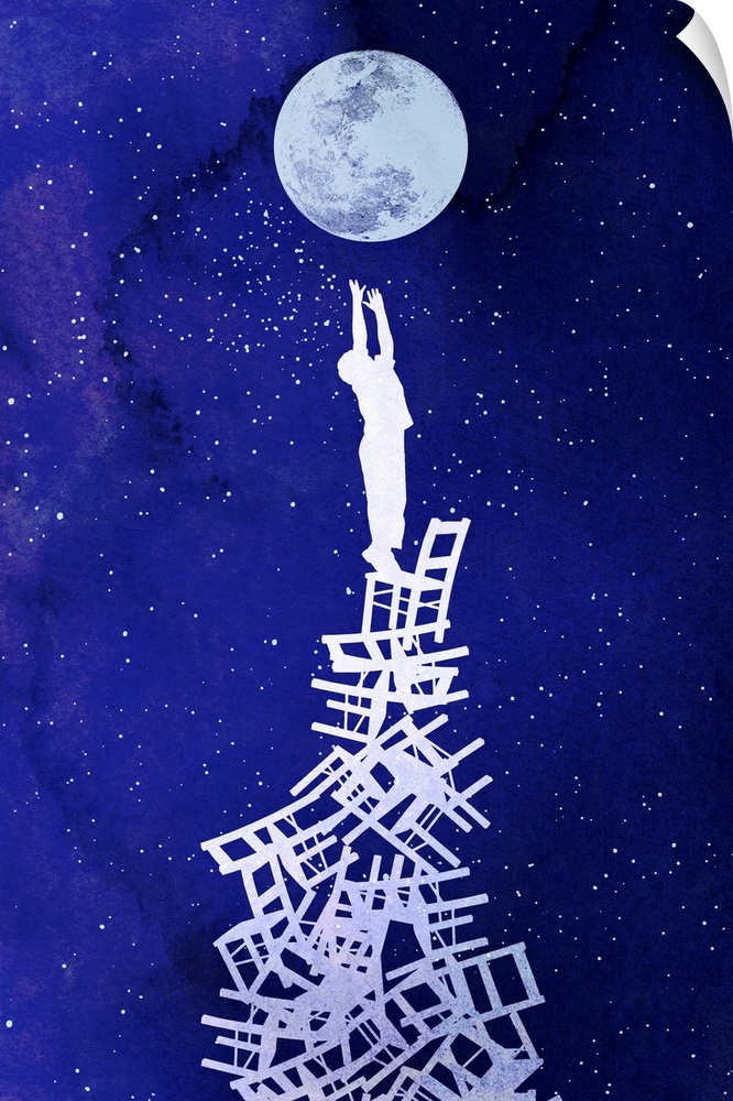 Contemporary art depicting the silhouette of a child standing on top of a stack of chairs reaching for the moon, a dark sk...
