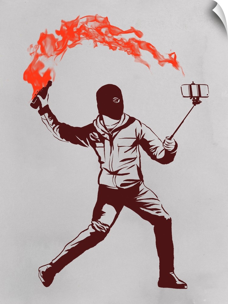 A masked rioter throwing a flaming bottle while taking a selfie with his phone.