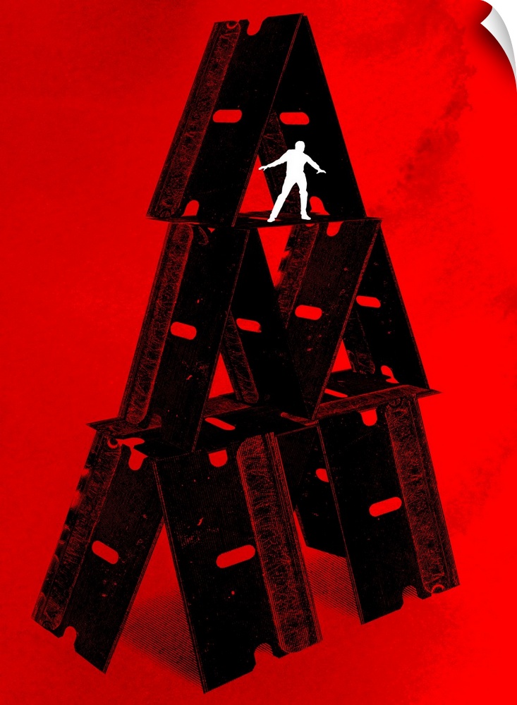 Conceptual artwork that is a house of stacked razor blades with the small silhouette of a man balanced at the top in this ...
