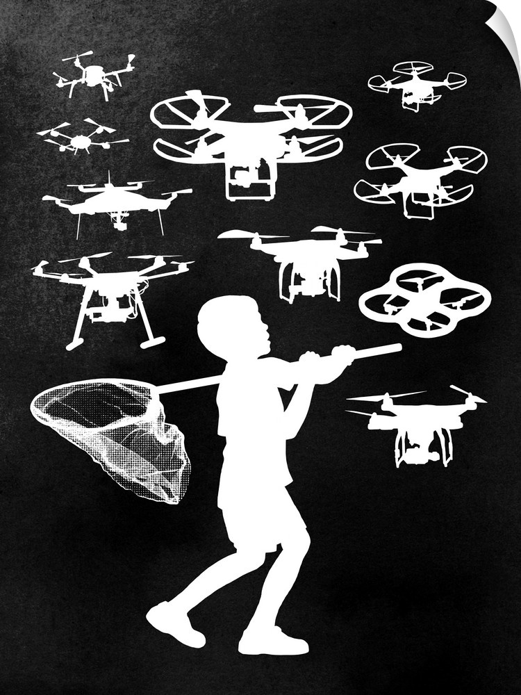 Silhouette of a boy with a large net trying to catch several drones flying around him.