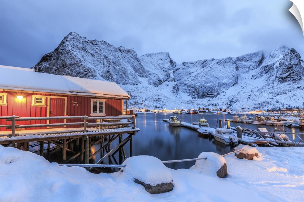 A Rorbu, the typical Norwegian home often built in beautiful places where the nature of the Lofoten Islands is still untou...