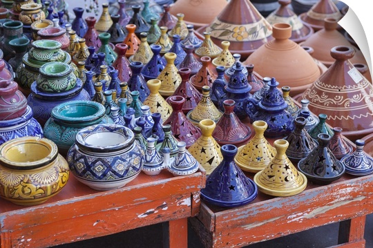 A street seller's wares, including tagines and clay pots near the Kasbah, Marrakesh, Morocco, North Africa, Africa.