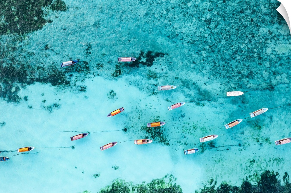 Aerial view of anchored boats in the exotic lagoon, Zanzibar, Tanzania, East Africa, Africa