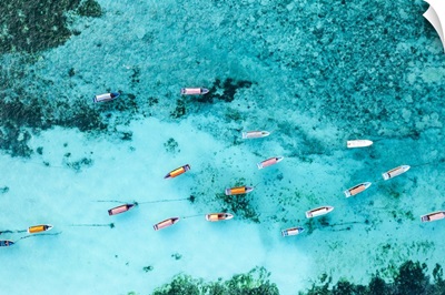Aerial Anchored Boats In The Exotic Lagoon, Zanzibar, Tanzania, Africa