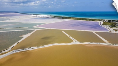 Aerial Of The Colourful Salinas Of Las Coloradas, Yucatan, Mexico