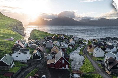 Aerial The Coastal Village Of Gjogv And Kalsoy Island At Dawn, Faroe Islands, Denmark
