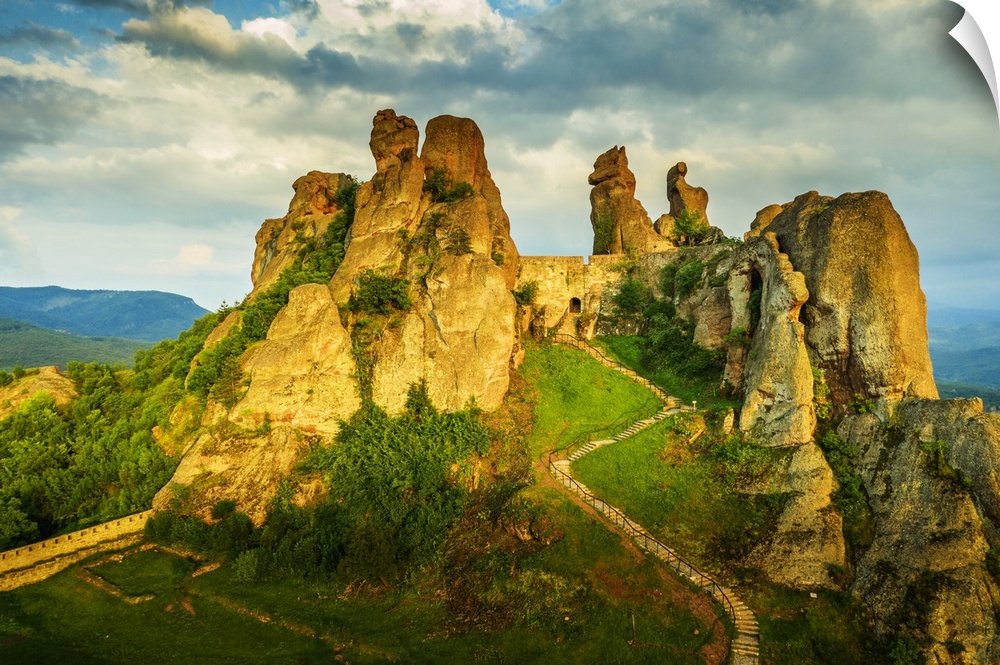 Aerial view by drone of Kaleto Rock Fortress rock formations, Belogradchik, Bulgaria, Europe
