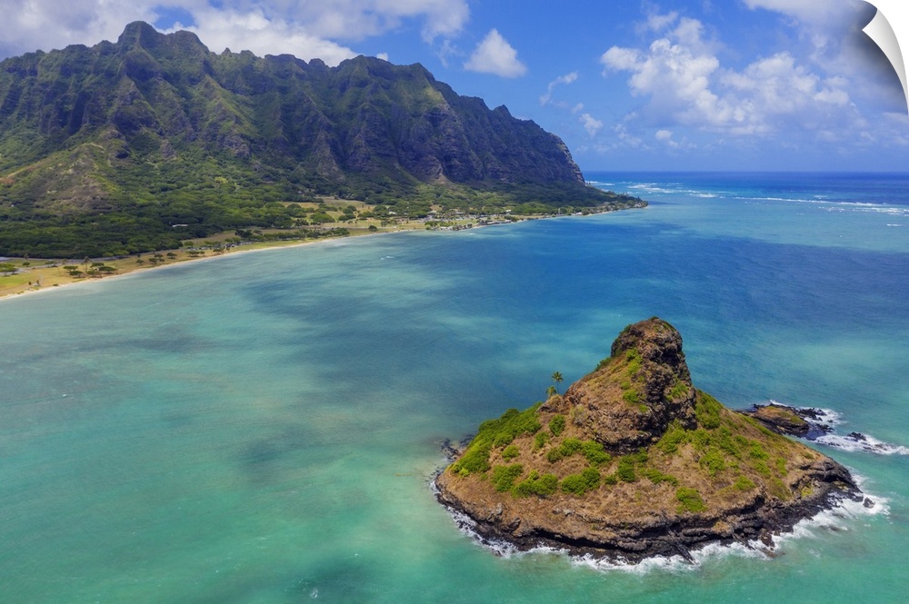 Aerial view by drone of Kaneohe Bay and Mokolii island (Chinaman's Hat), Oahu Island, Hawaii, United States of America, No...
