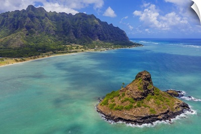 Aerial View By Drone Of Kaneohe Bay And MokolII Island, Oahu Island, Hawaii