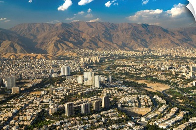 Aerial view of Tehran facing North towards the Alborz Mountains, Tehran, Iran