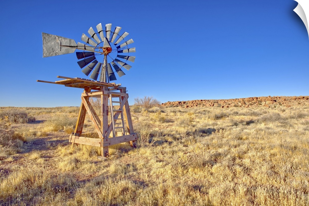 An old windmill marking the boundary of the Devil's Playground in Petrified Forest National Park, Arizona, United States o...