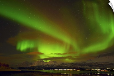 Aurora borealis seen over the Lyngen Alps, from Sjursnes, Ullsfjord, Troms, North Norway