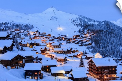 Blue Dusk On The Snowy Alpine Village Surrounded By Ski Lifts, Bettmeralp, Switzerland