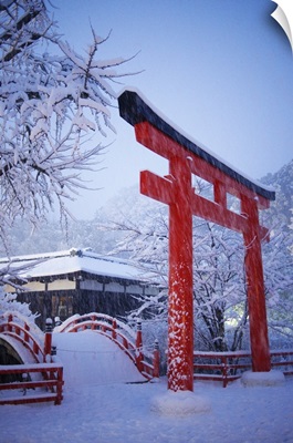 Blue hour in Shimogamo Shrine, during the largest snowfall on Kyoto in 50 years, Japan