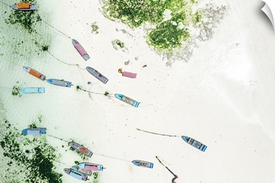 Boats On Idyllic White Coral Beach, Overhead View, Zanzibar, Tanzania, Africa