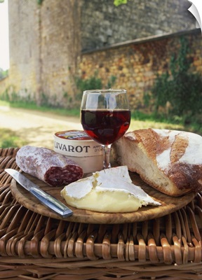 Bread, glass of red wine, cheese and sausage, Dordogne, France