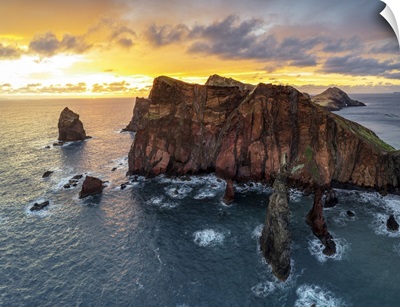 Burning Sky At Dawn On Cliffs Washed By Ocean, Madeira Island, Portugal