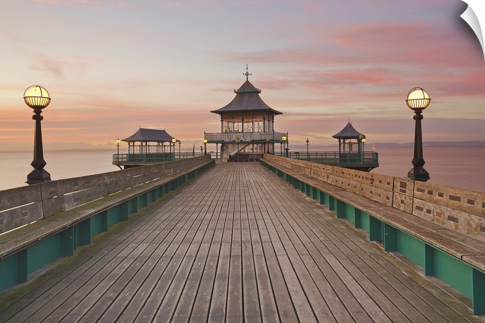 A dusk view of Clevedon Pier, in Clevedon, on the Bristol Channel coast of Somerset, England, United Kingdom, Europe