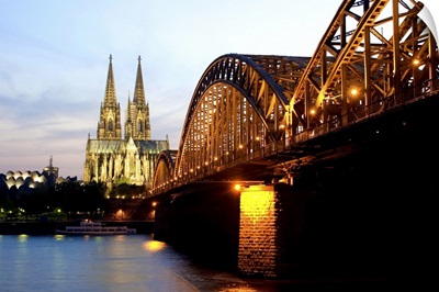 Cologne cathedral and Hohenzollern bridge at night, Cologne, Germany