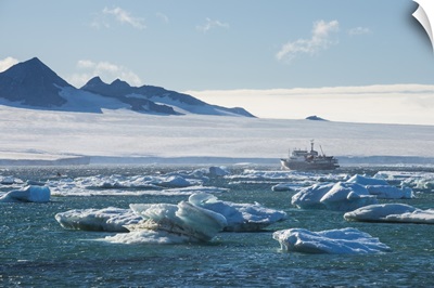 Cruise ship behind icebergs, Brown Bluff, Tabarin Peninsula, Antarctica
