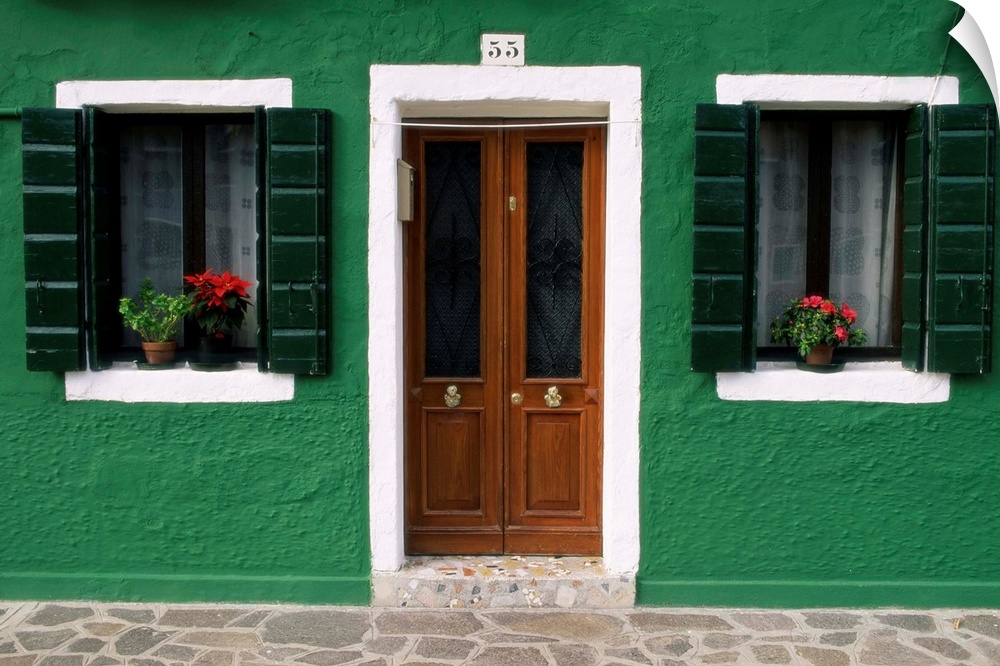 Door and windows of a house, Burano, Venice, Veneto, Italy