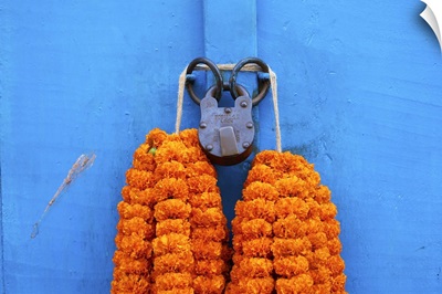 Door, padlock and flower garlands, Kolkata, West Bengal, India