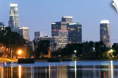 Downtown district skyscrapers located behind Echo Park Lake, Los Angeles, California